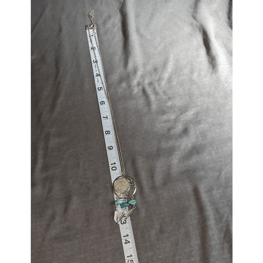 1929 Genuine Buffalo Nickel Faux Turquoise Stones Silver Tone Feather Pendant - Picture 3 of 4